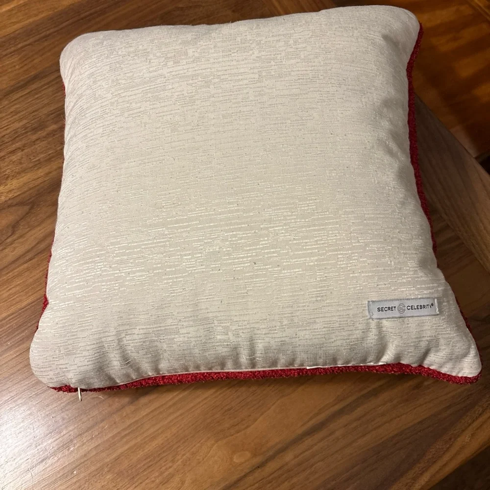 Secret Celebrity Christmas Cream Throw Pillow Red Deer Green Tree 14x14